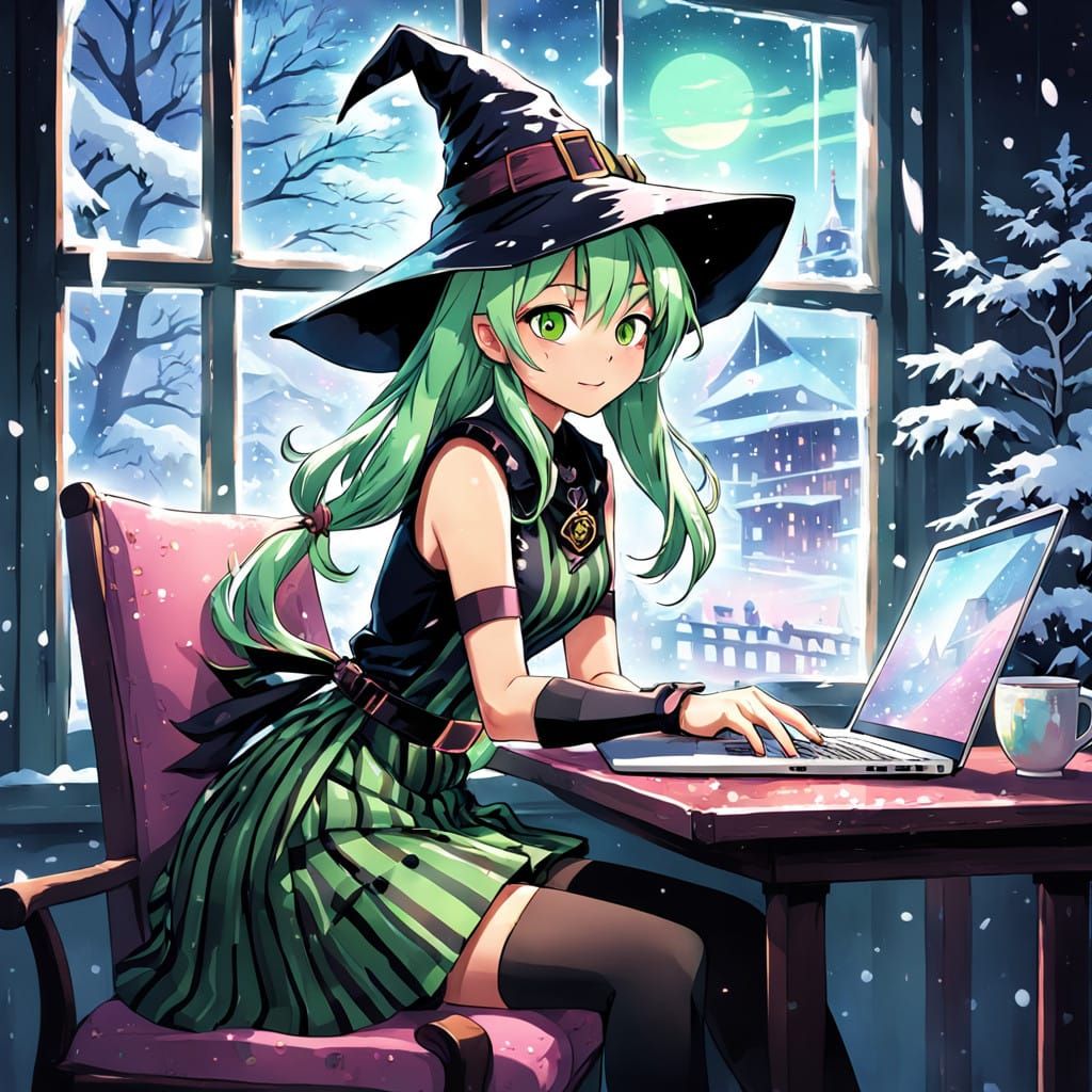 Young Witch Comforts Herself with Tea and Tech on a Winter N...