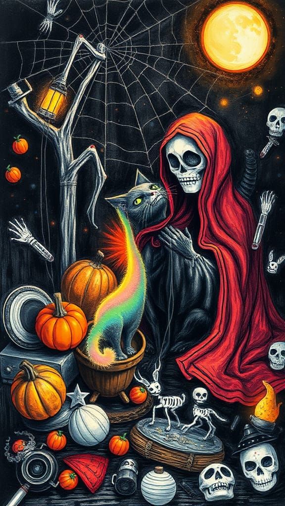 Surreal Halloween Black Cat Crayon Drawing