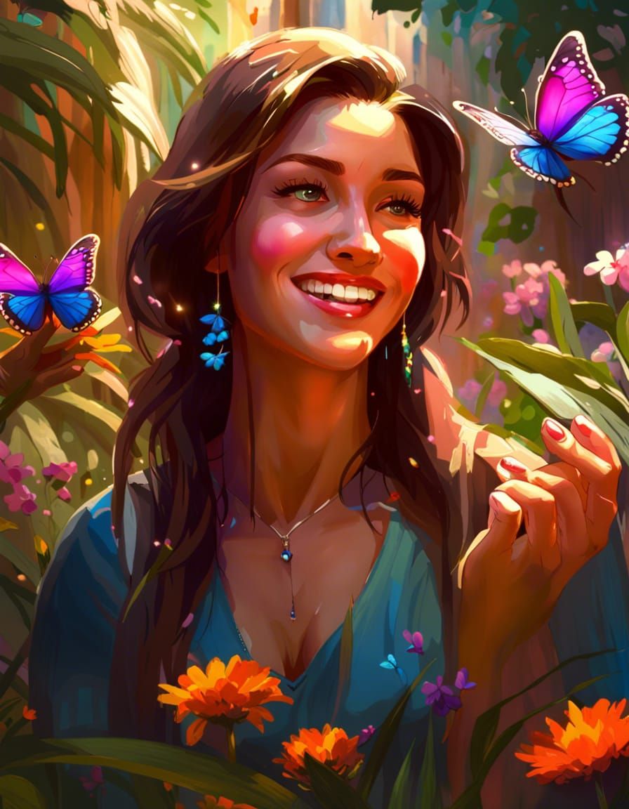 Woman and Butterfly in a Lush Garden