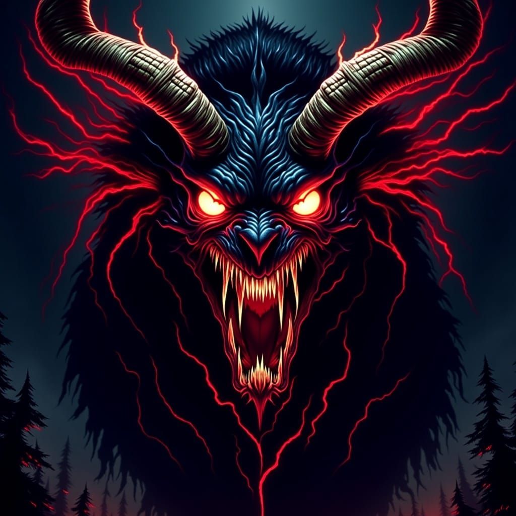 Demonic Krampus-Narasimha Fusion with Piercing Red Eyes