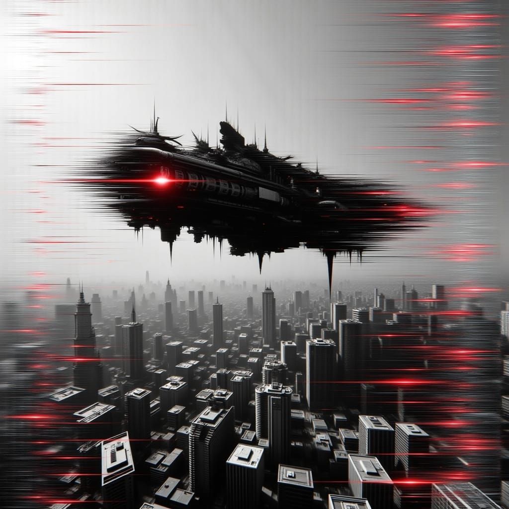 Postmodern Cityscape with Glitching Spaceship