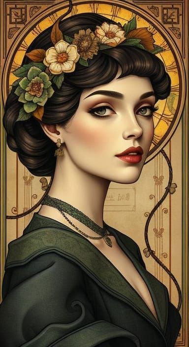 Art Nouveau Woman Portrait with Floral Hair in Stained Glass...