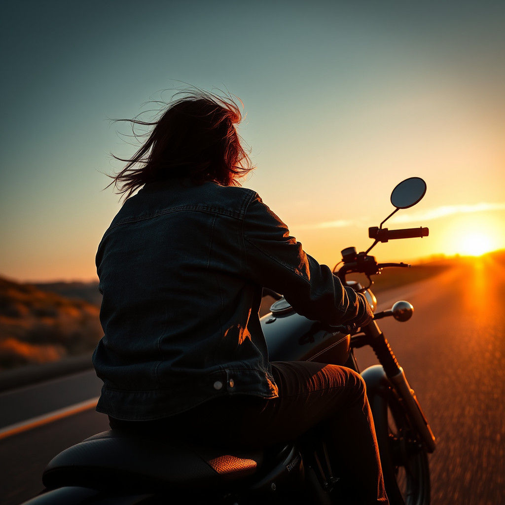 Biker's Sunset Escape on Open Highway