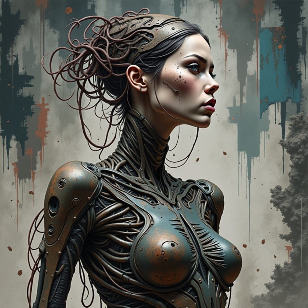 Corroded Cyborg Maiden in a Ruined, Biomechanical Hovel