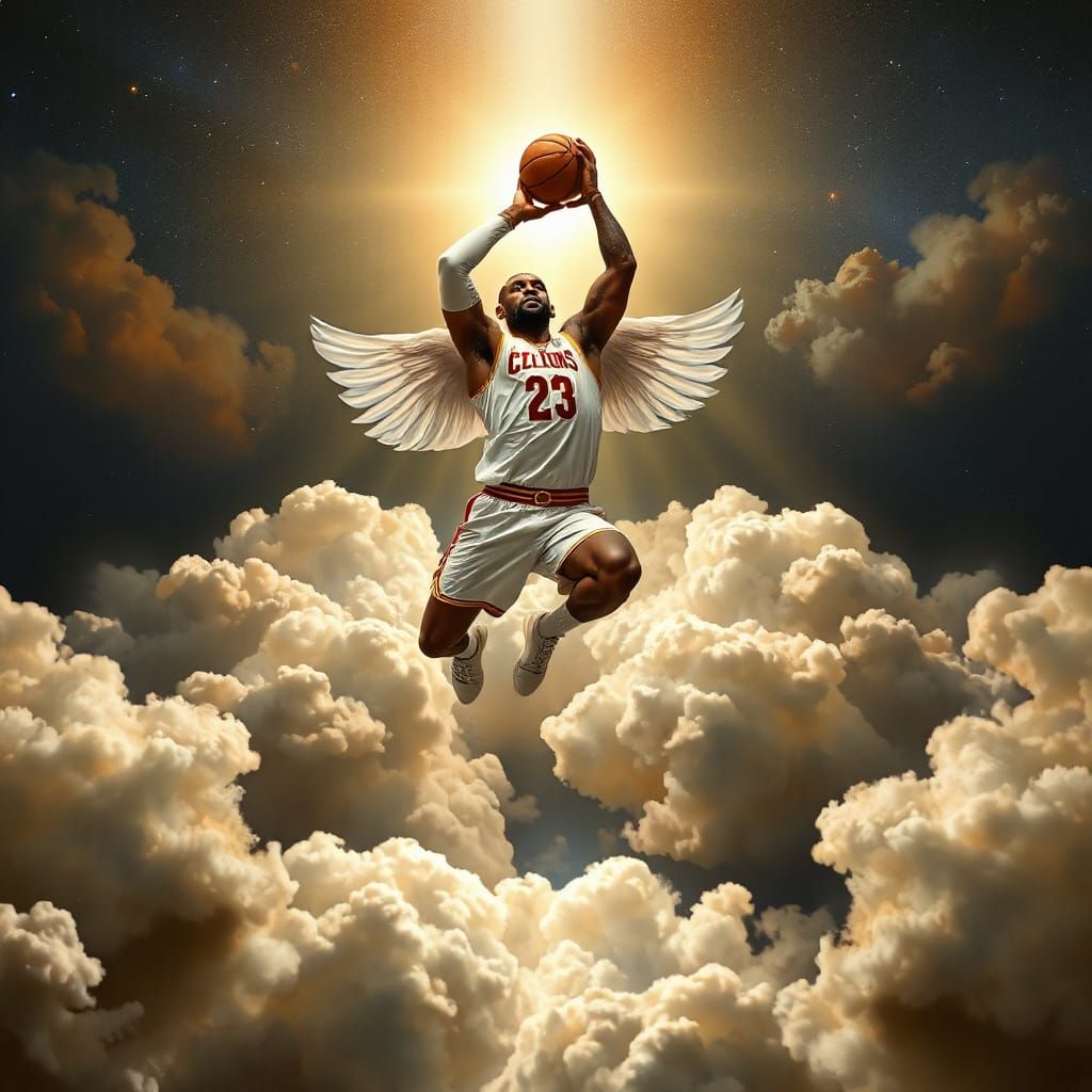 Lebron James Dunking on Cloud Court in Renaissance Style