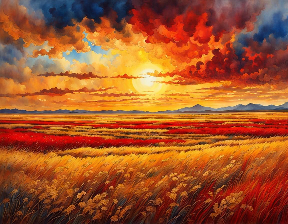 Golden Eurasian Steppe Landscape Painting