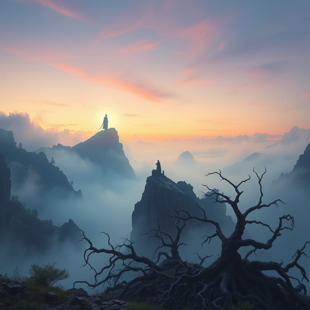 Mystical Mountainscape with Ancient Ruins and Ethereal Aura