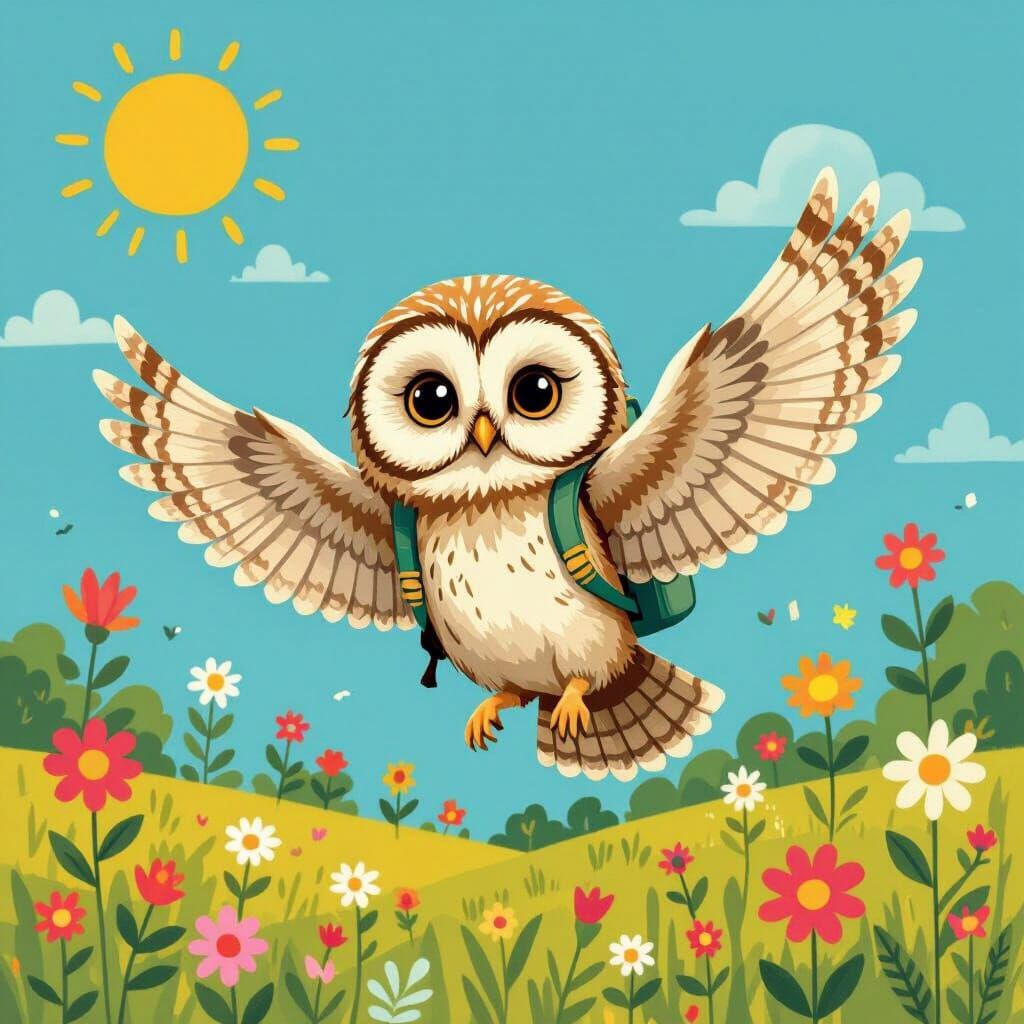 Whimsical Owl Flies Over Sunny Meadow