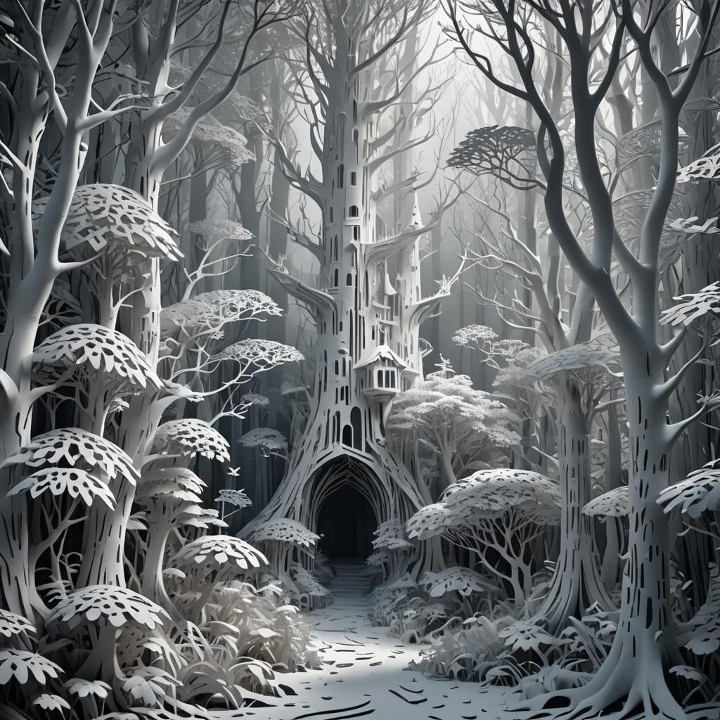 Enchanted Forest in White Paper Cut Style