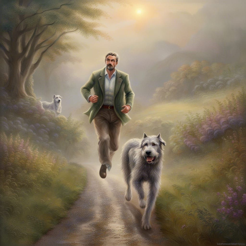 Man and Irish Wolfhound in Scottish Countryside