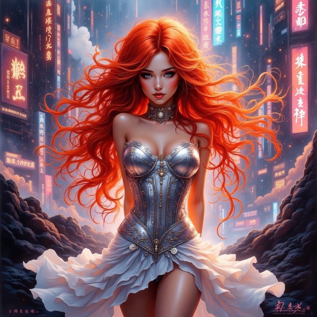 Futuristic Lady with Red Hair in Silver Corset