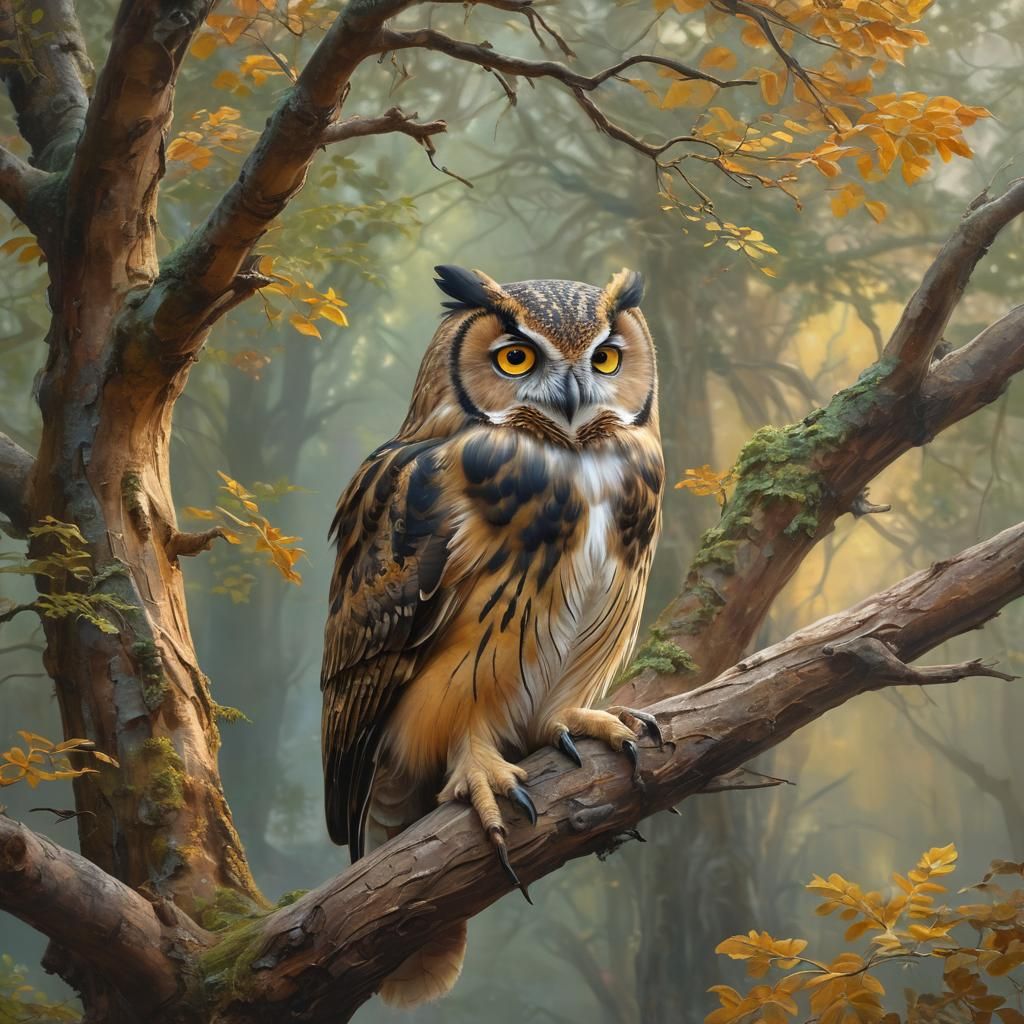 Mystical Forest Landscape with Owl as Oil Painting