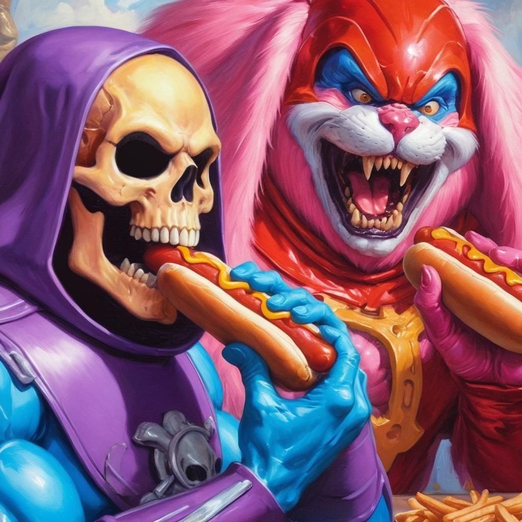 Skeletor and Rabbit Hotdog Contest: Alex Ross Oil Painting