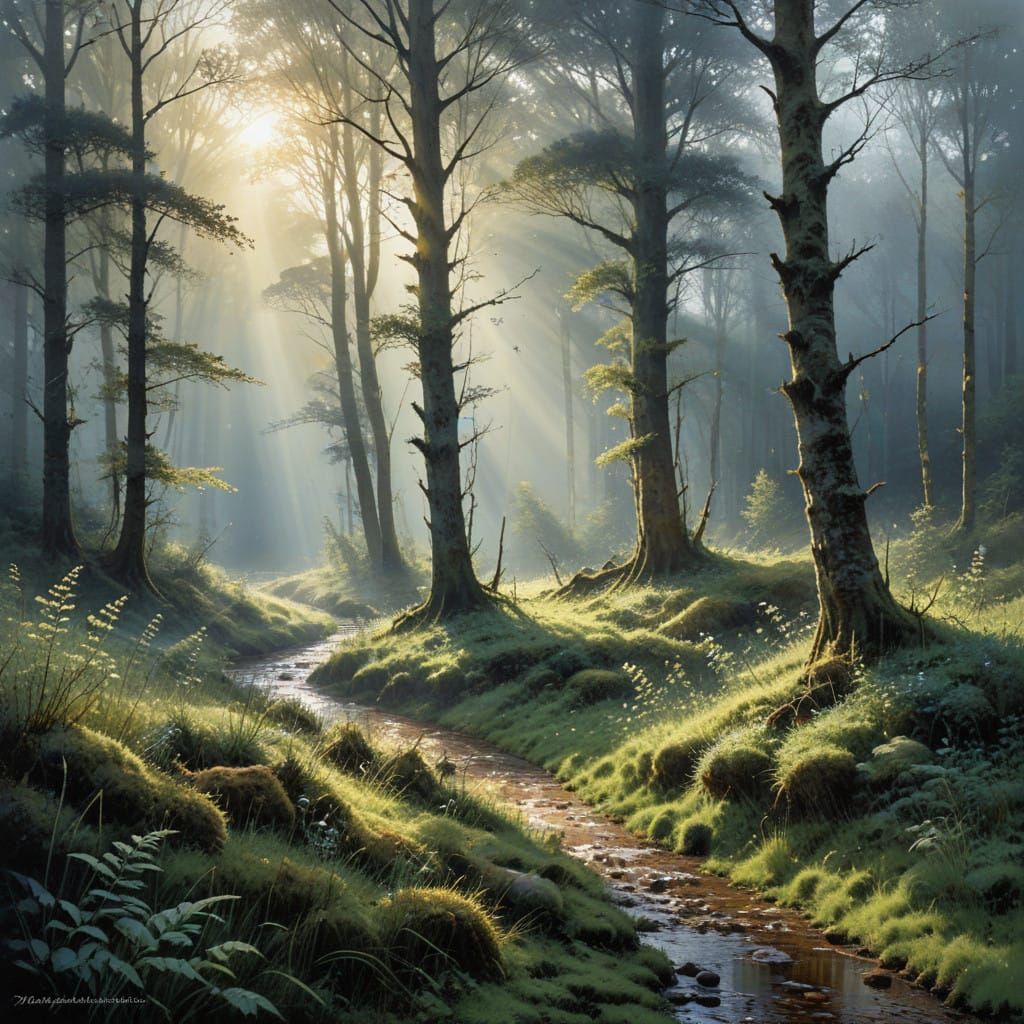 Meticulously Detailed Forest Clearing in Morning Light