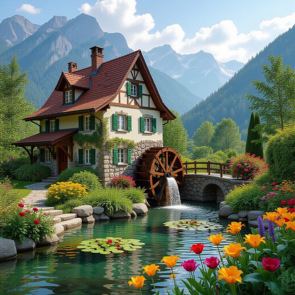 Enchanted Flower Garden House with Water Mill