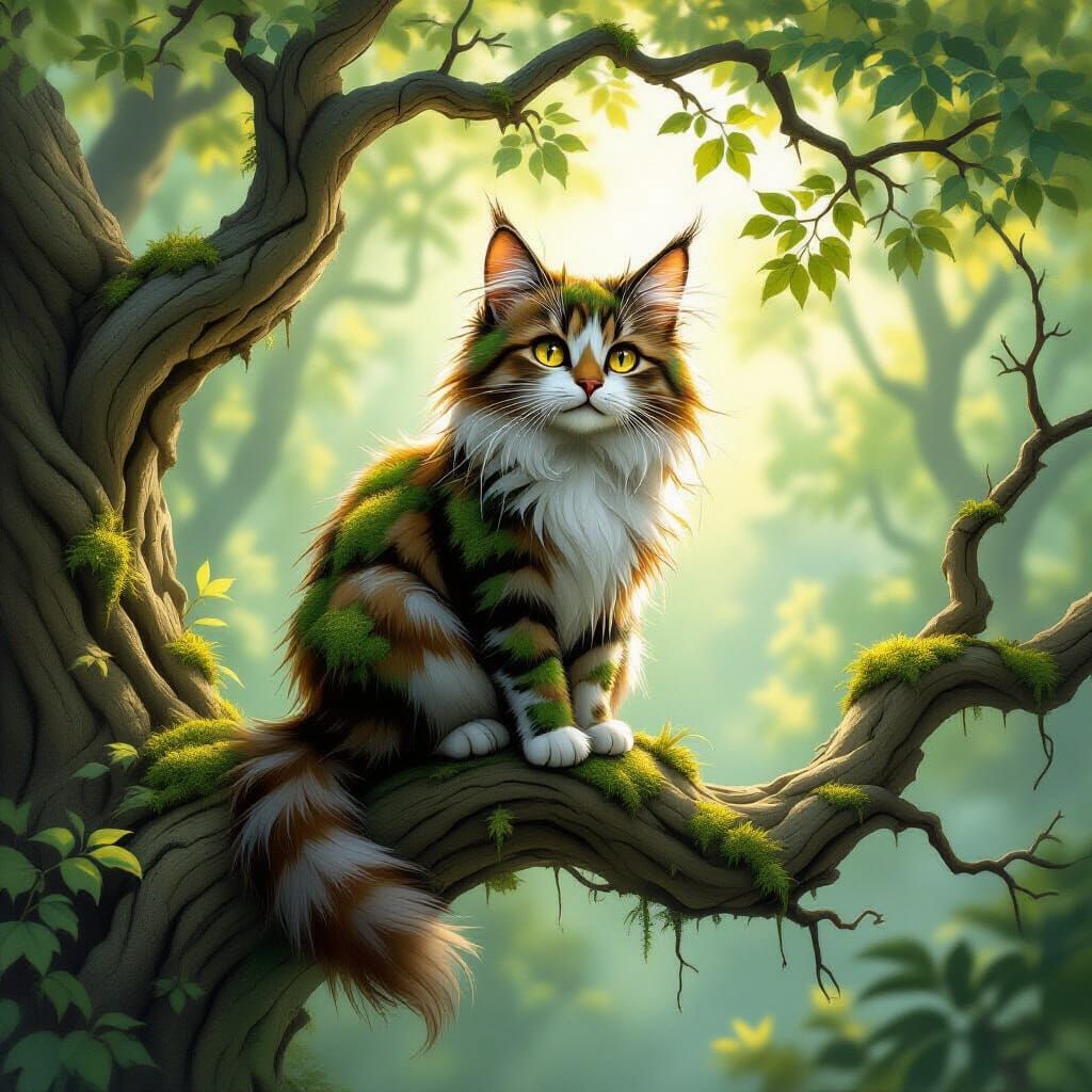 Enchanted Forest Cat as Mossy Tree Creature