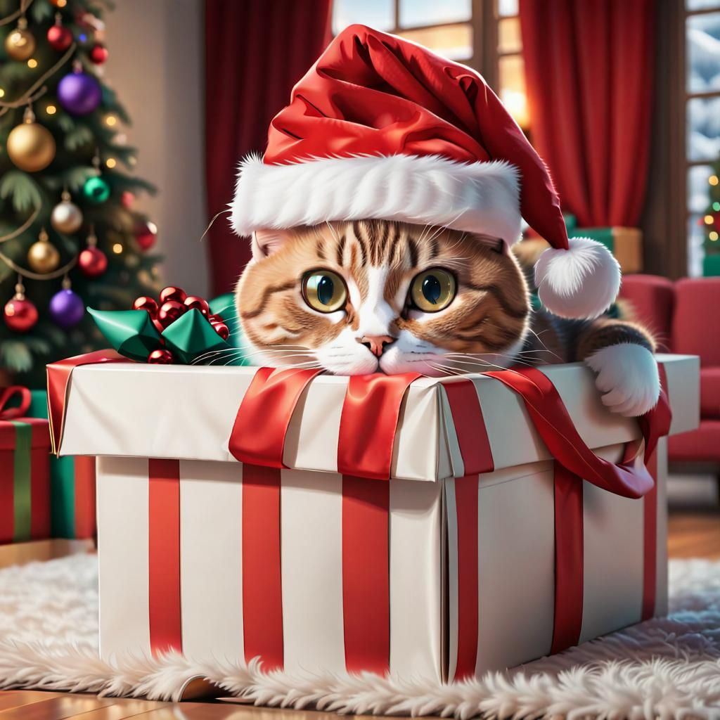 Santa Cat Peeking from Holiday Gift Box