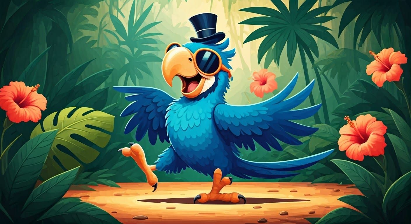 Comical Caucasian Parrot Dances Lezginka in Whimsical Style