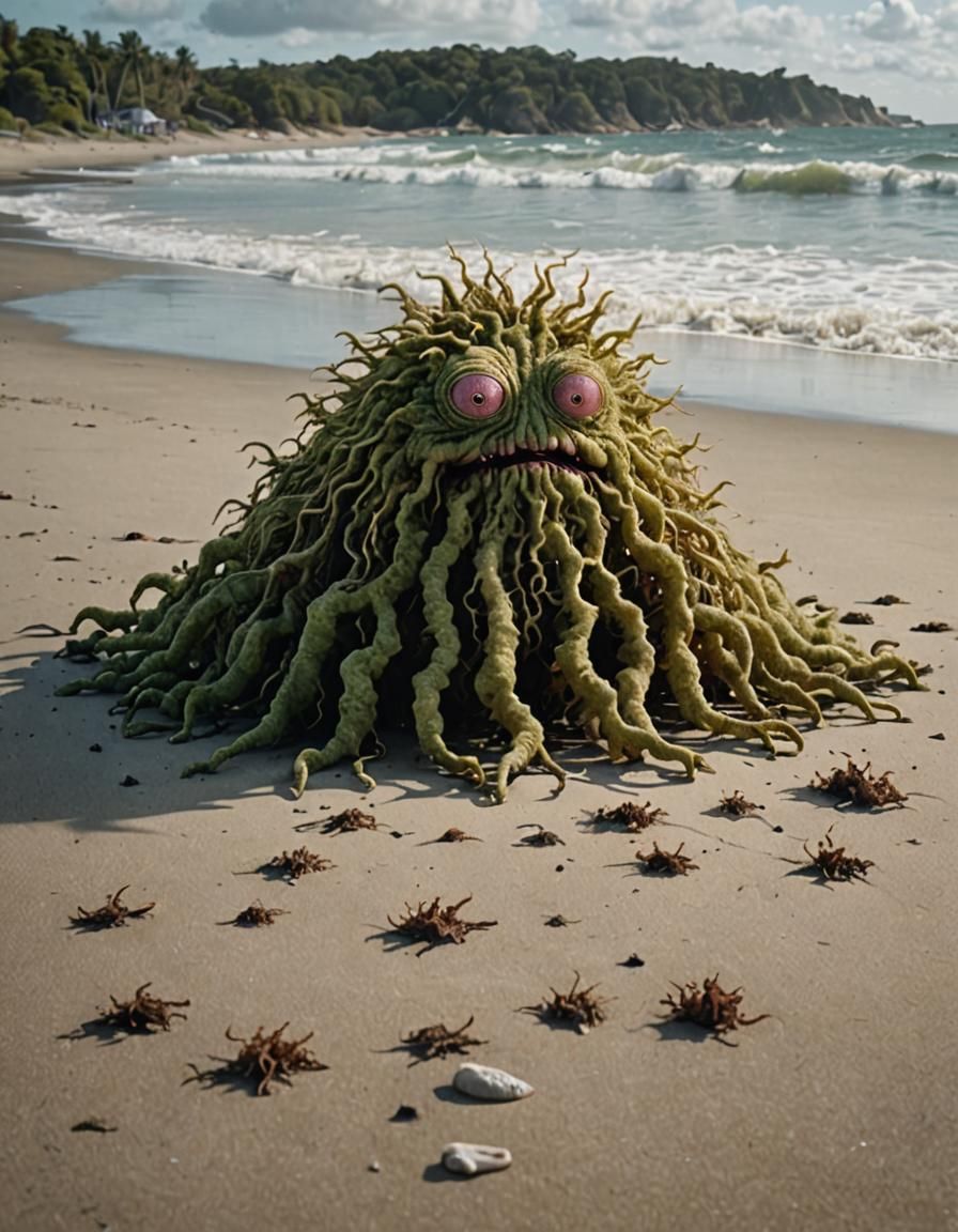 Hyperrealistic Sea Moss Monster on Beach