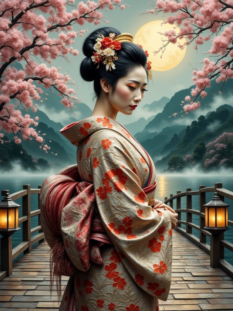 Edo Period Elegance: Woman on Moonlit Bridge