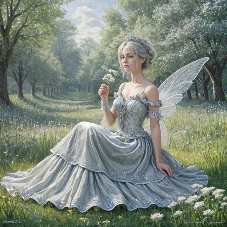 A silver-haired fairy queen sitting in a field of silver dandelions, impressionism, rococo, quilling, filigree.