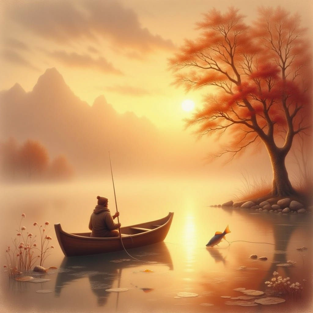 Autumn Sunset Scene with Fisherman in Oil Painting Style