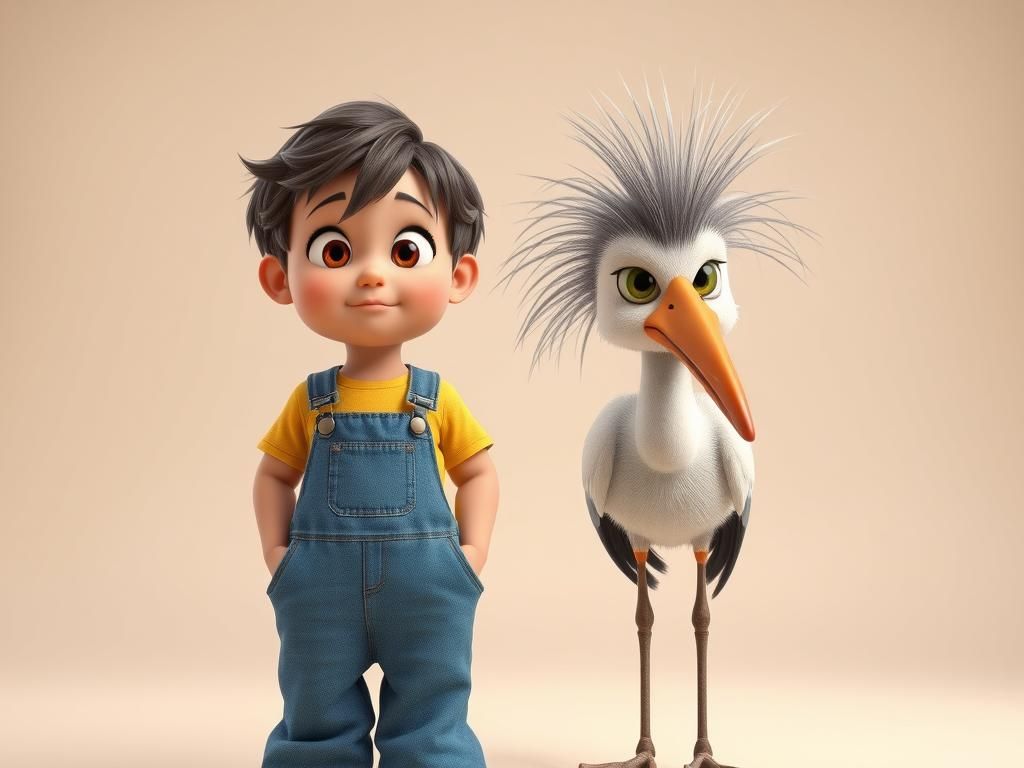 Comical Anime Child and Bird in 3D Style