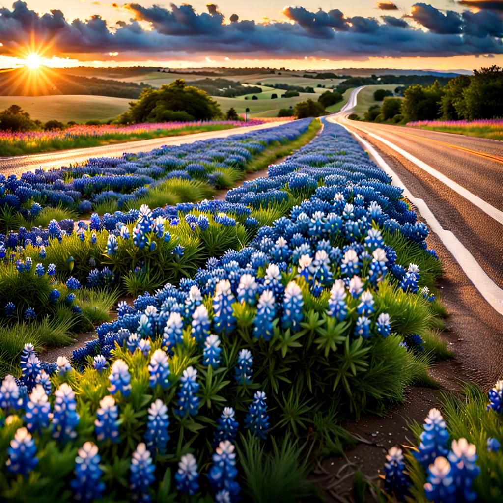 Texas Bluebonnet Field at Sunset: Realistic Photography