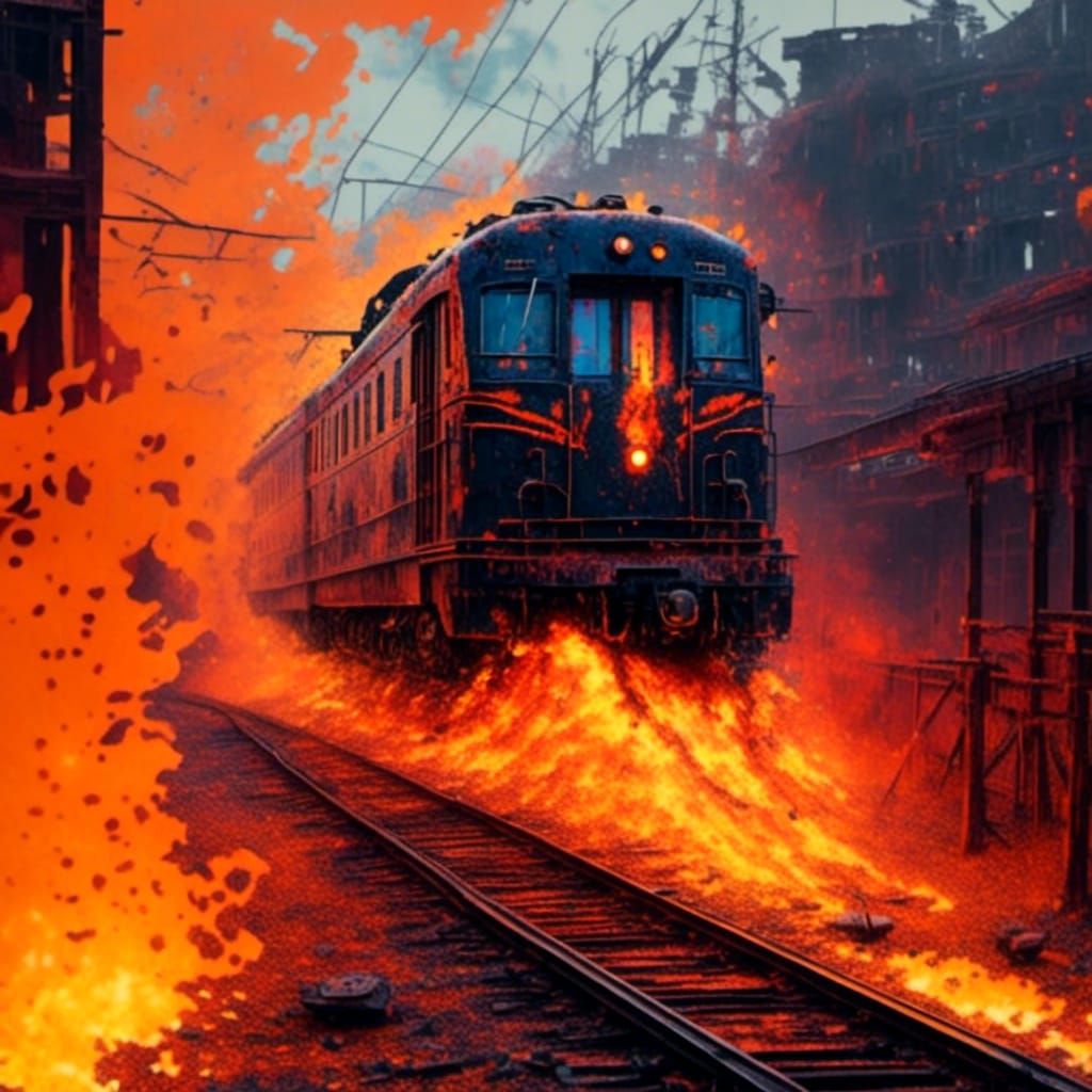 Clockpunk Train on Fire: Detailed Digital Art