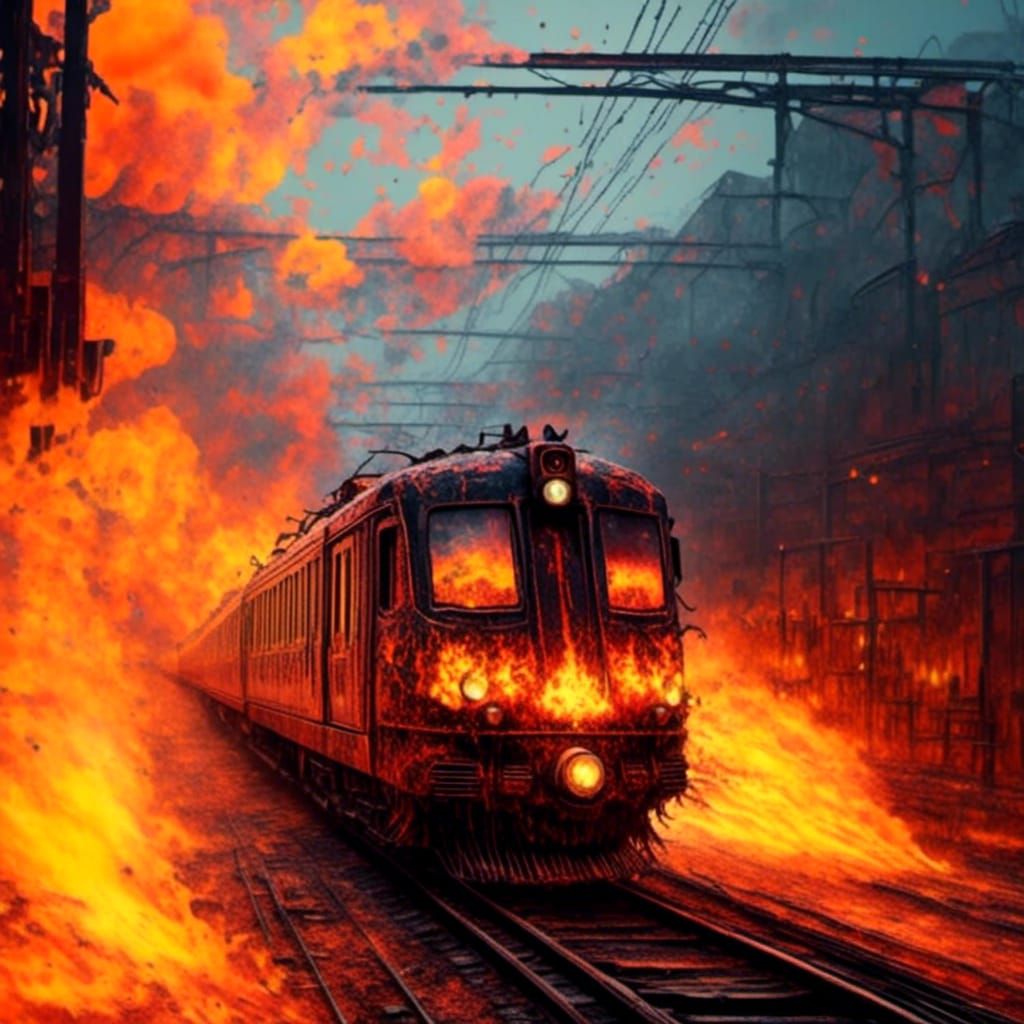 Burning Clockpunk Train on Tracks: Detailed Digital Art