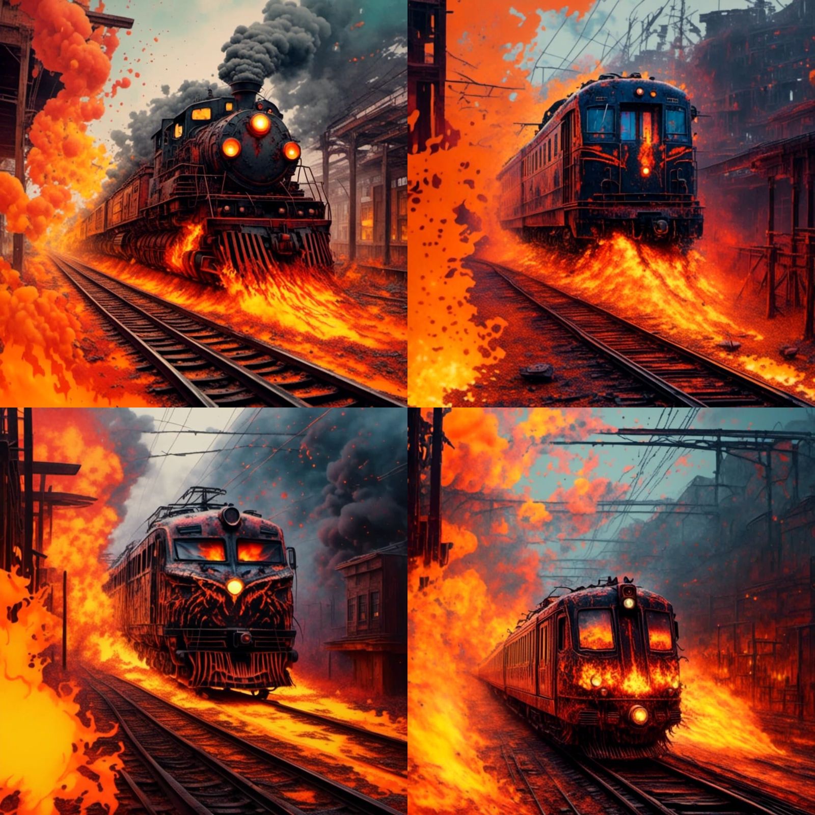 Burning Train in Clockpunk Style, Detailed Digital Art