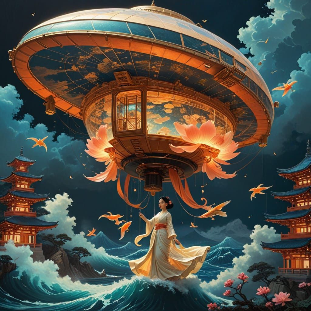 Sky Goddess in Lotus Airship Above Futuristic City