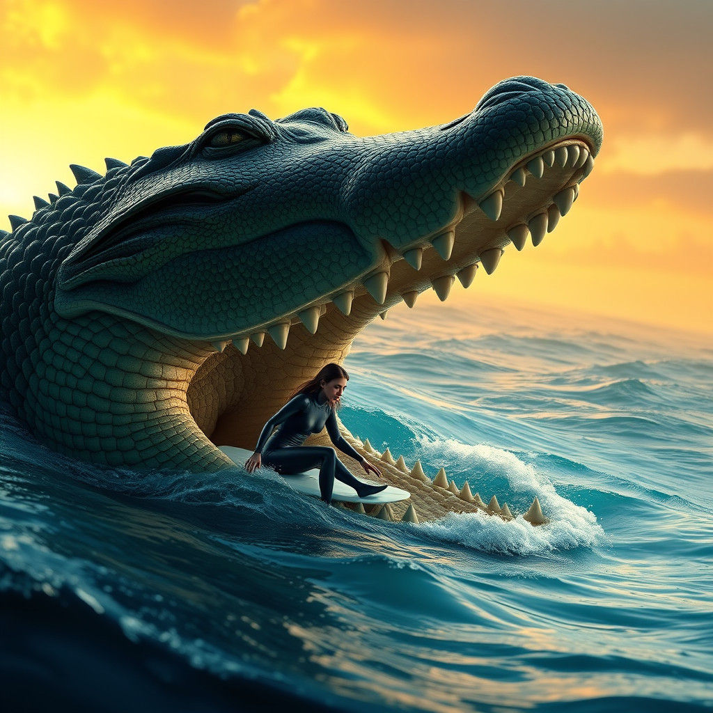 Surreal Alligator Emerges with Surfer, Digital Art