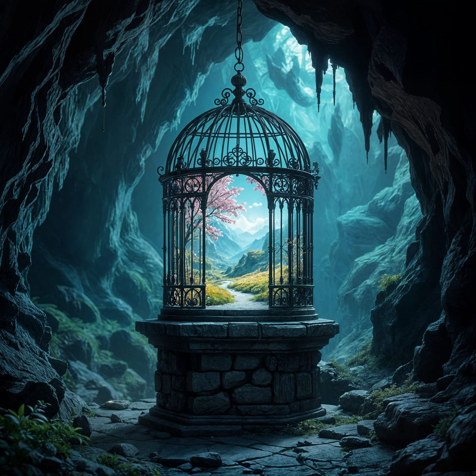 Birdcage Portal to Spring Landscape in Spooky Cave