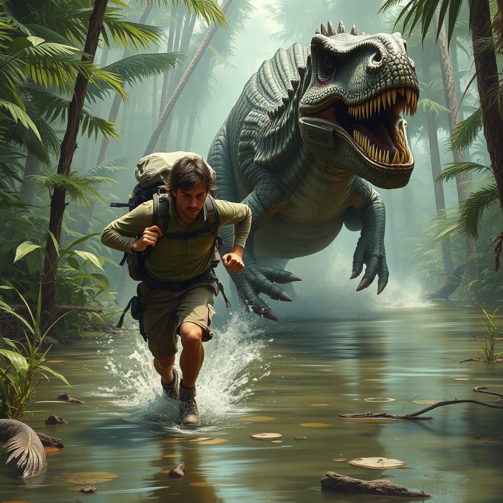 Dinosaur Chase in Triassic Swamp, Science Fiction Art