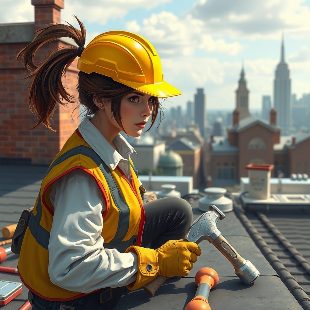 Roofer Girl Working on a City Building