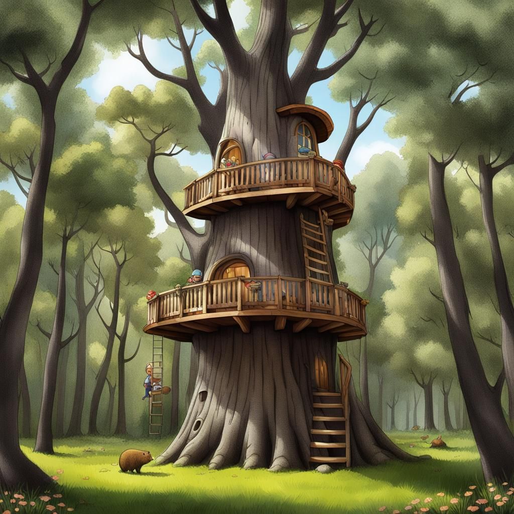 Chipmunk Treehouse Watercolor Painting in 8K