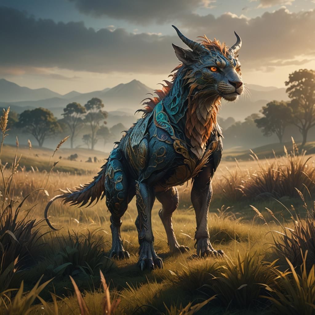 Animalistic Creature in Misty Field: Fantasy Art