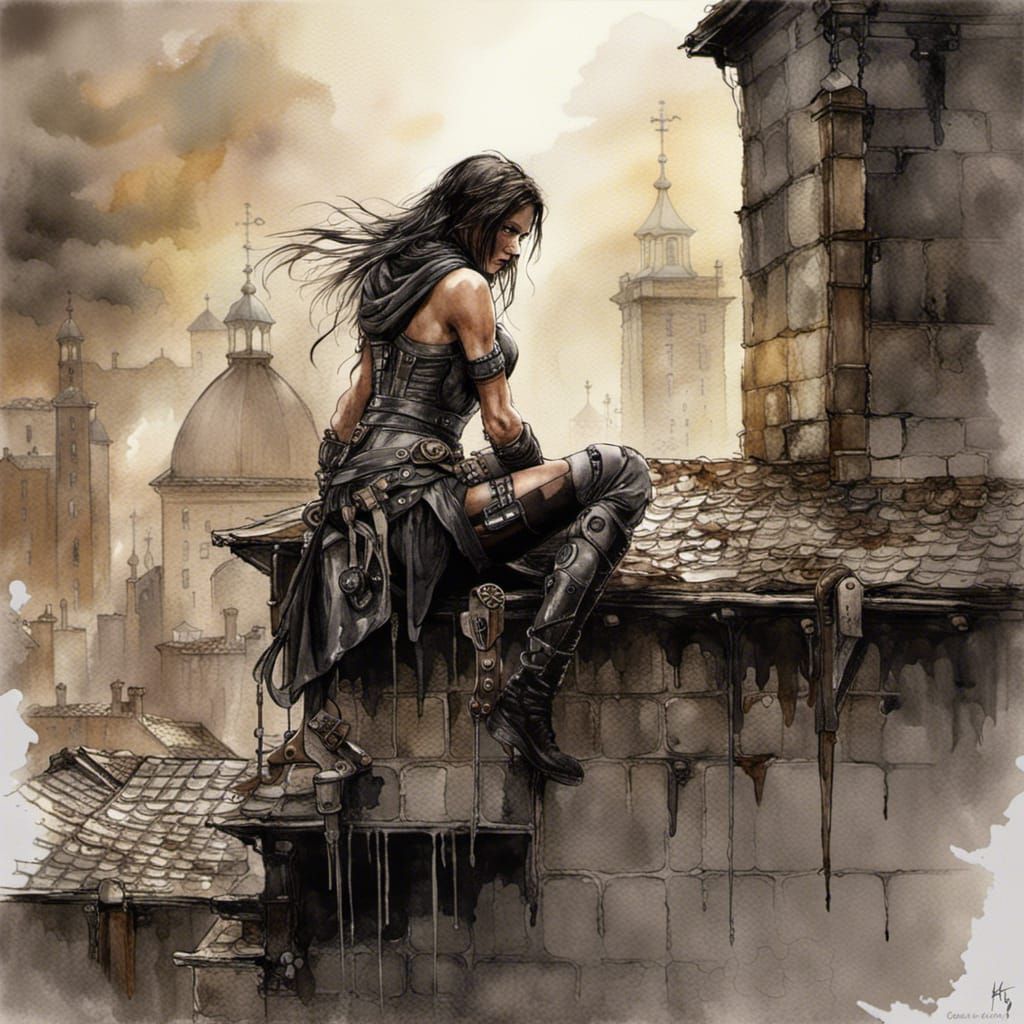 Medieval Assassin in Inkpunk Watercolour Cityscape