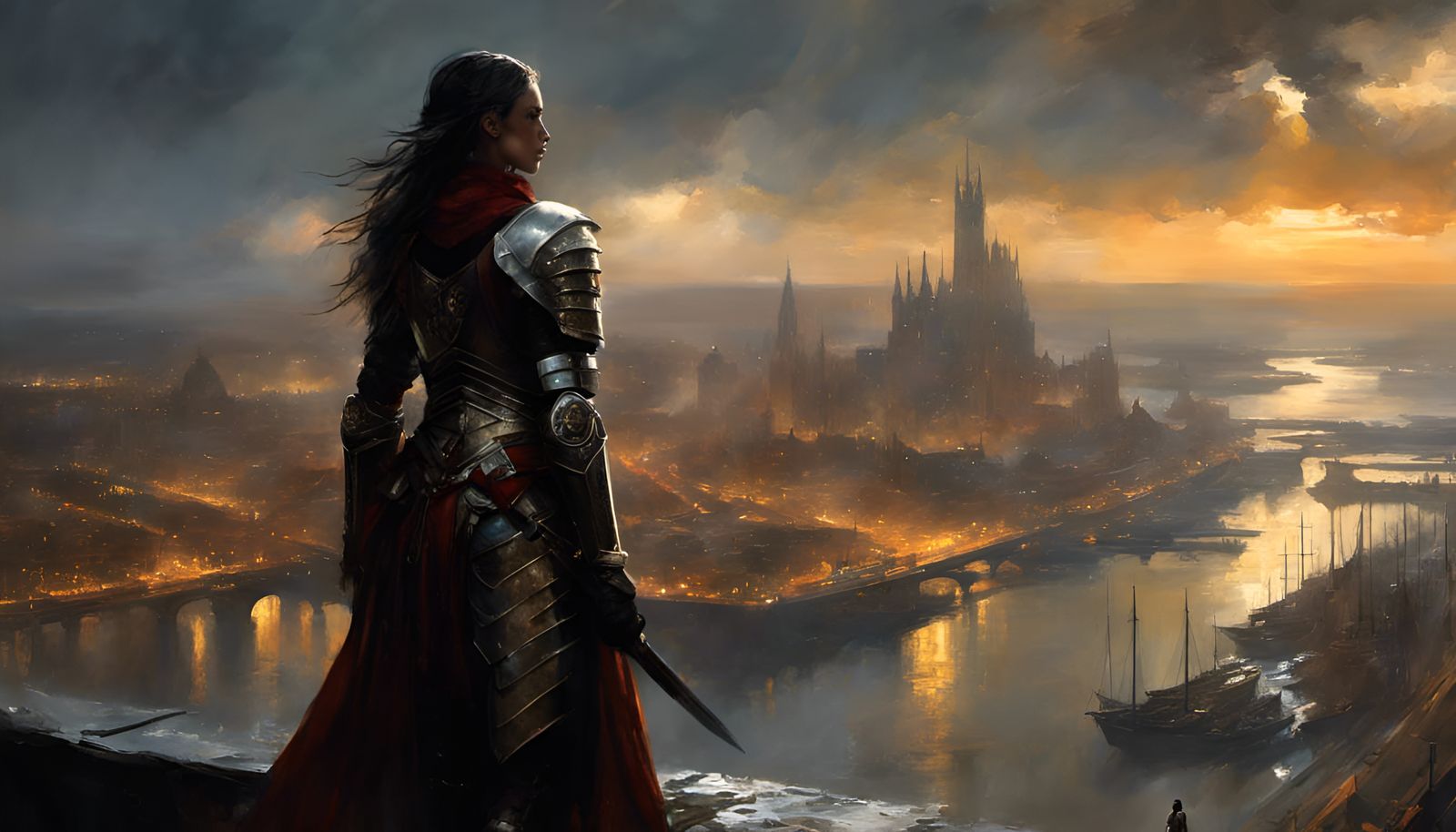 Medieval Warlord Overlooks Fantasy Port Cityscape
