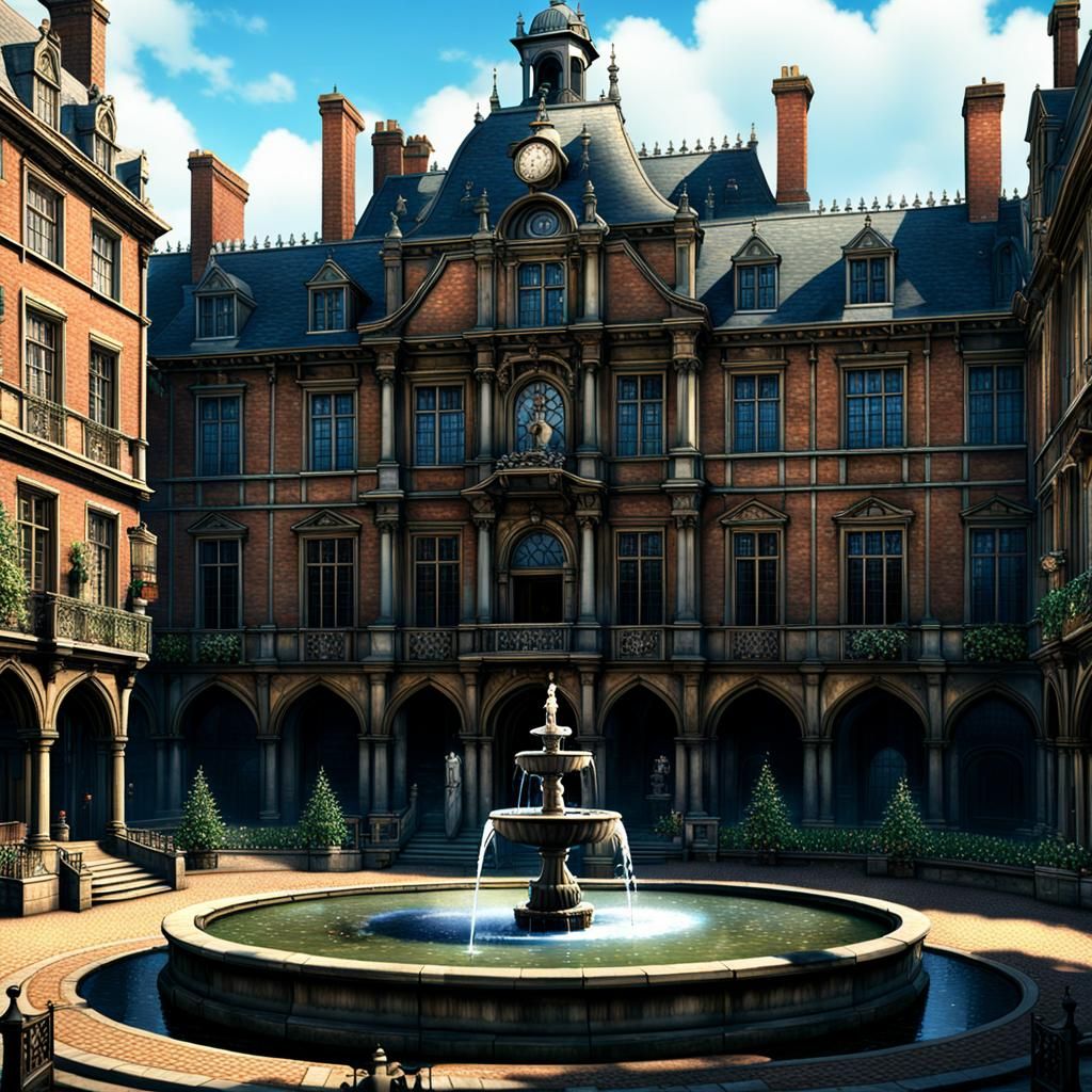 Victorian Mansion with Murky Fountain, Hyperrealistic Digita...