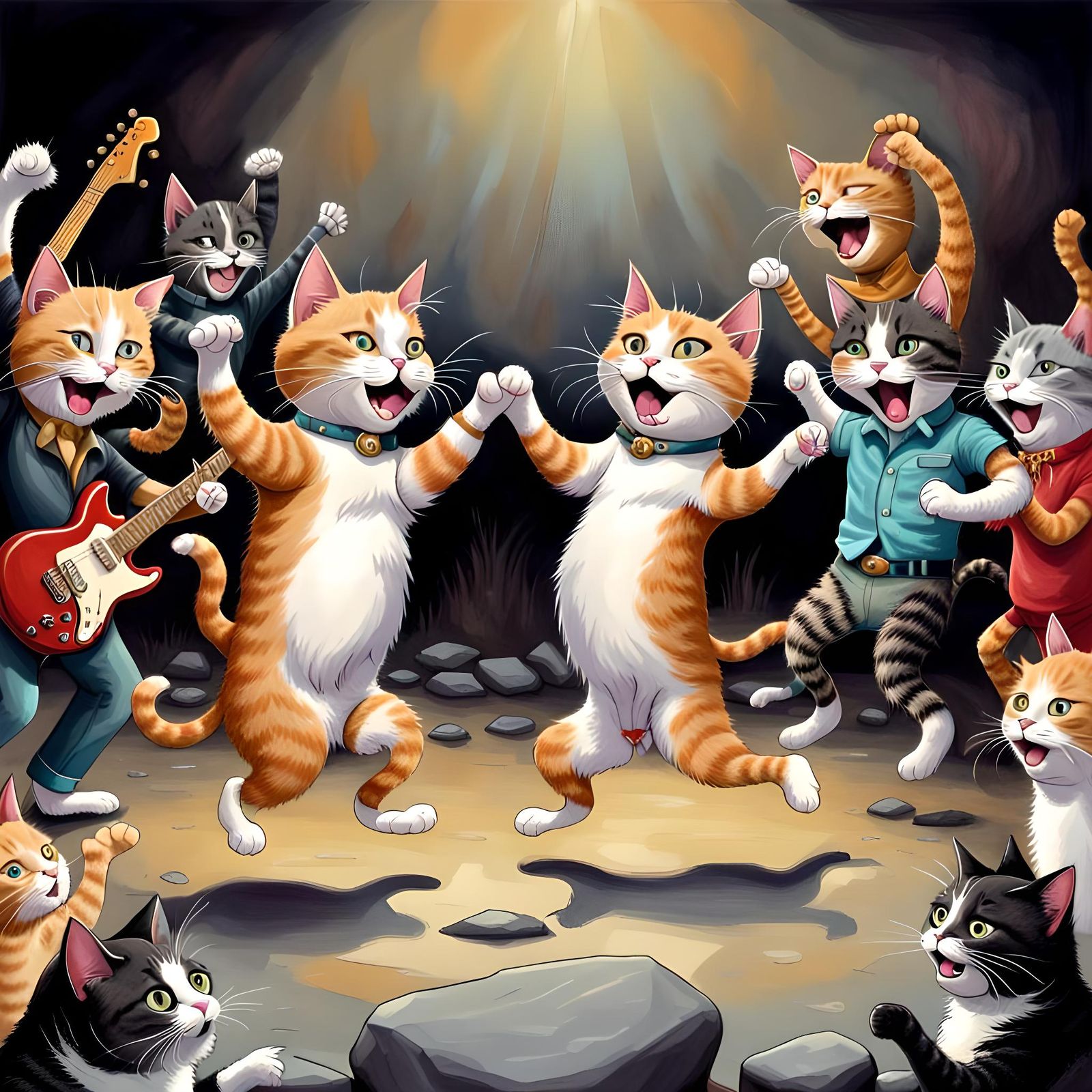 Cats Rock and Roll Caricature Dance Party