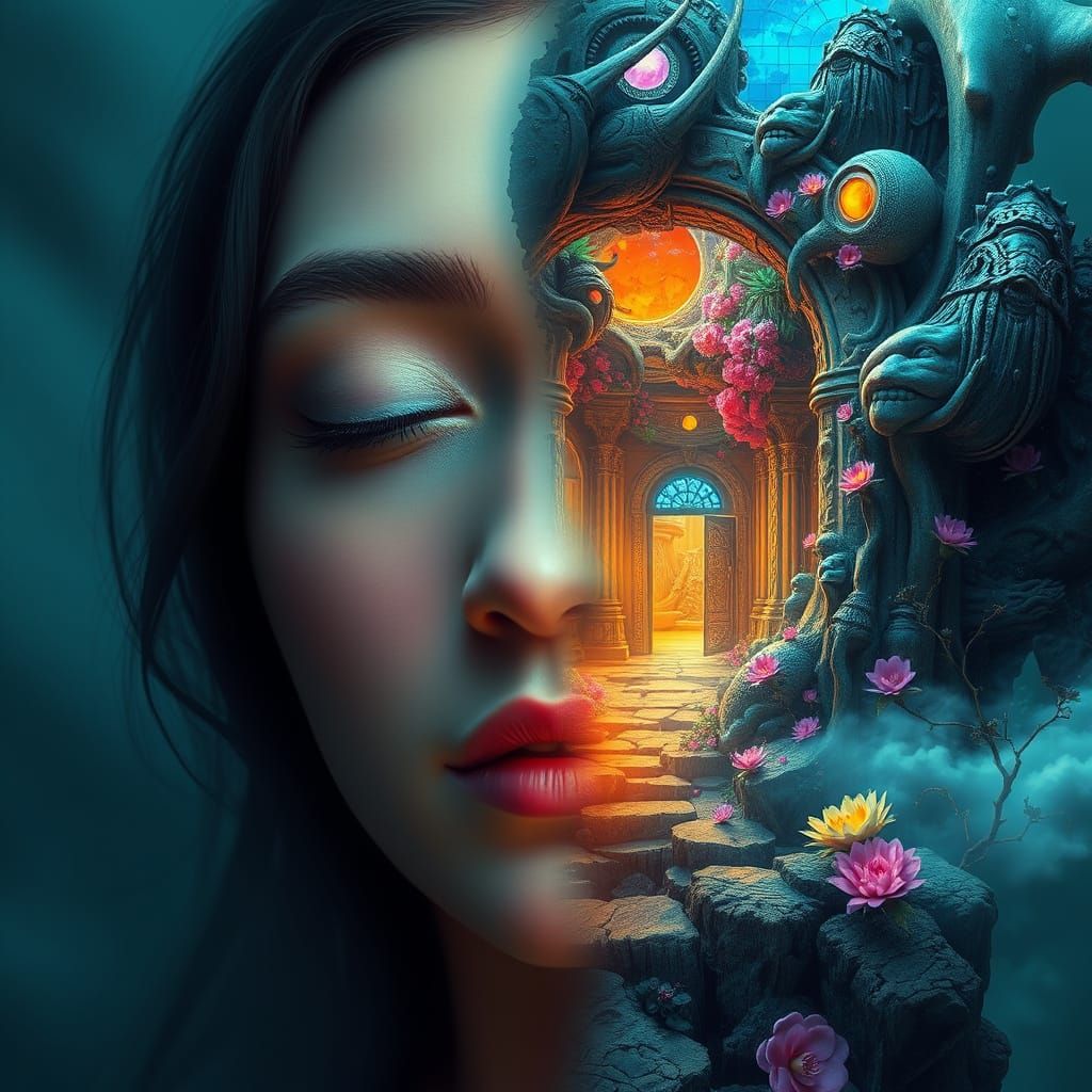 Surreal Woman's Face: Dream Portal and Fantastical World