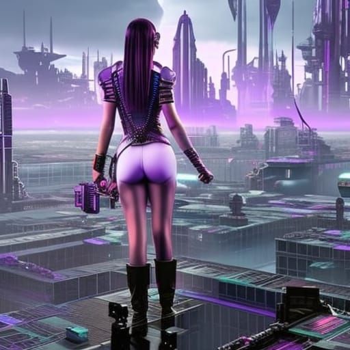 Cyberpunk Woman in Purple Dystopian City