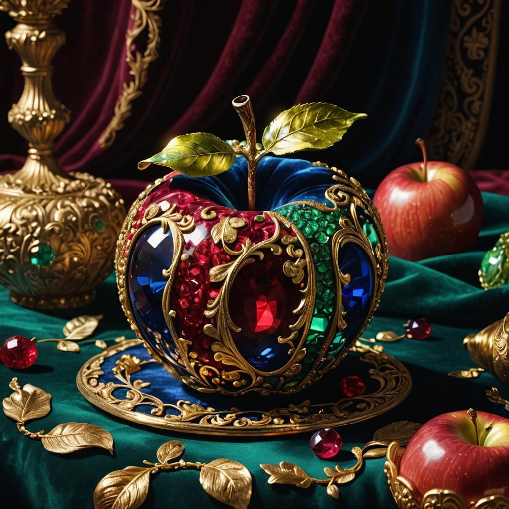 Ornate Gemstone Apple Still Life in Hyper-Realism