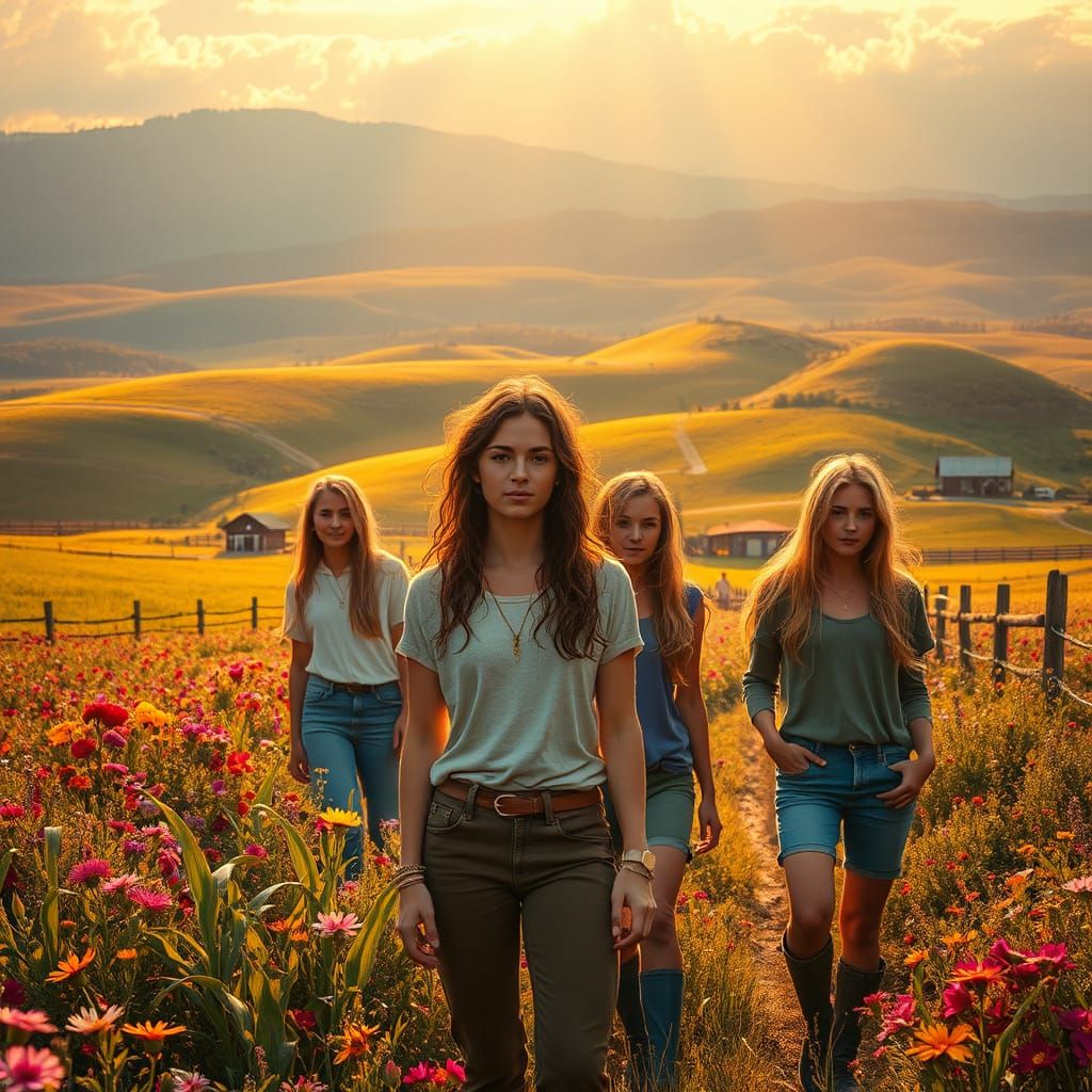 Idyllic Farm Landscape in Vibrant Colors and Whimsical Style