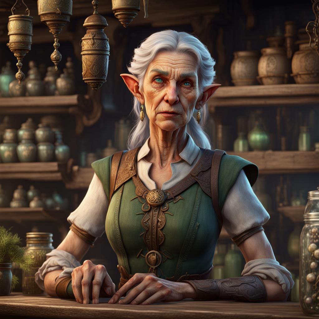 Fantasy Elf Shopkeeper in Detailed Matte Painting