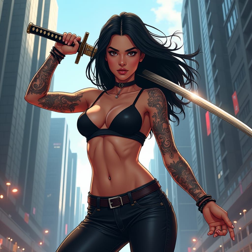 Cyberpunk Brazilian Warrior with Katana in Anime Style