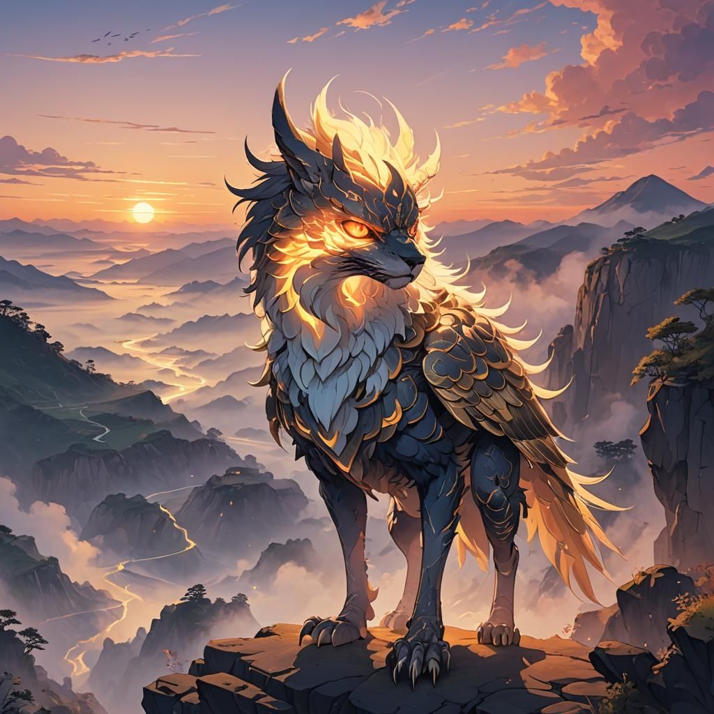 Mysterious Creature on Misty Cliff in Anime Style