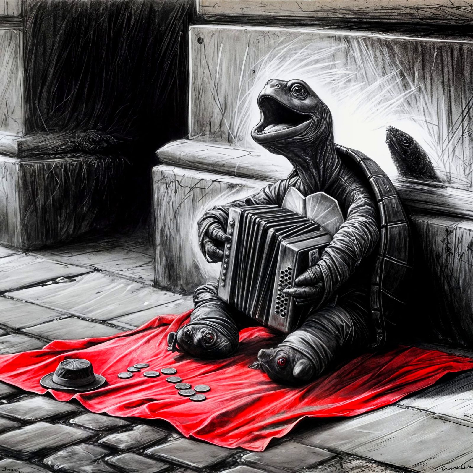 Homeless Turtle Plays Accordion: Charcoal Drawing